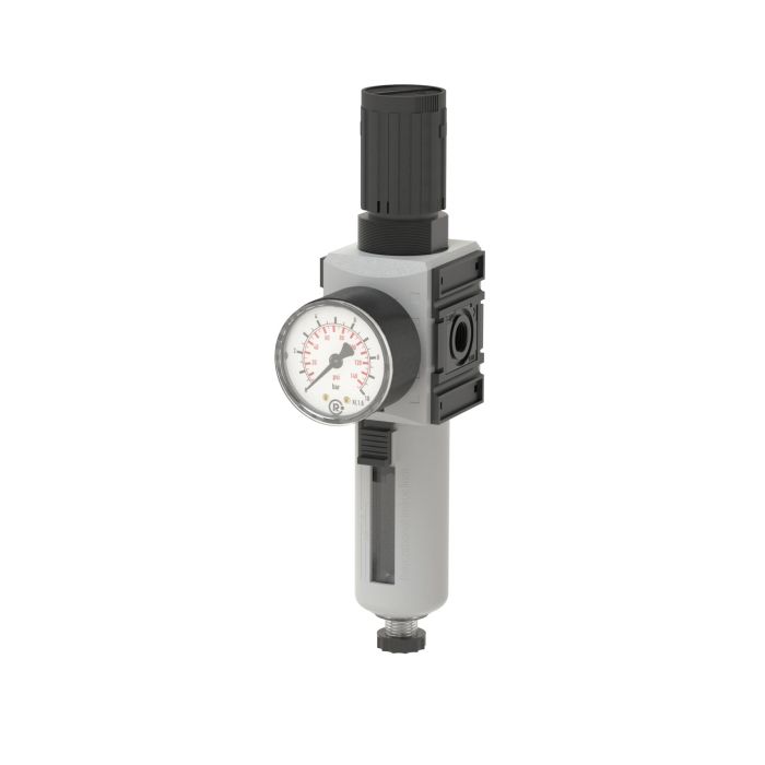Filterregler FUTURA, Polycarbonatbehälter, Schutzkorb, Manometer, BG 4, G 1, 0,1-1 bar, HA