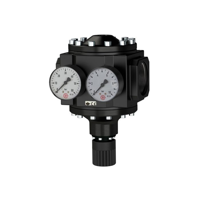 RIEGLER Large pressure regulator, 2 pressure gauges, G 1 1/2, 0.5-10 bar