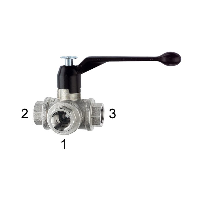 RIEGLER 3-way ball valve, T-hole, nickel-plated brass, Rp 1 1/4, DN 32