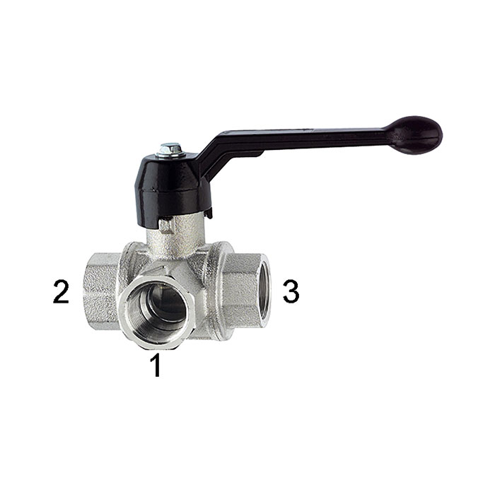 RIEGLER 3-Wege-Kugelhahn, Standard, L-Bohr., Messing vern., Rp 3/8, DN 10