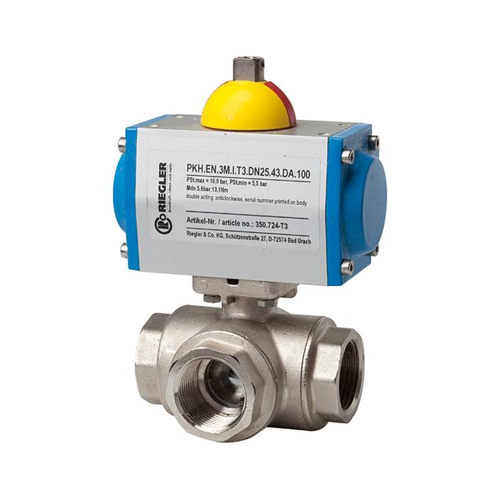 [103551] RIEGLER Messingkugelhahn, pneumat. Stellantrieb, L-Bohrung, Rp 1, L=116