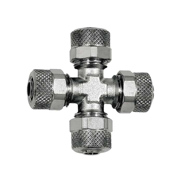 [110638] RIEGLER Kreuzverbindung, für Schlauch 8/6 mm, SW 10, Messing vernickelt