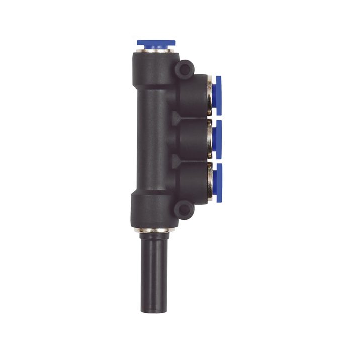 [135802] RIEGLER T multi-distributor, Plug nipple 10 mm »Blue Series«, 3-fold