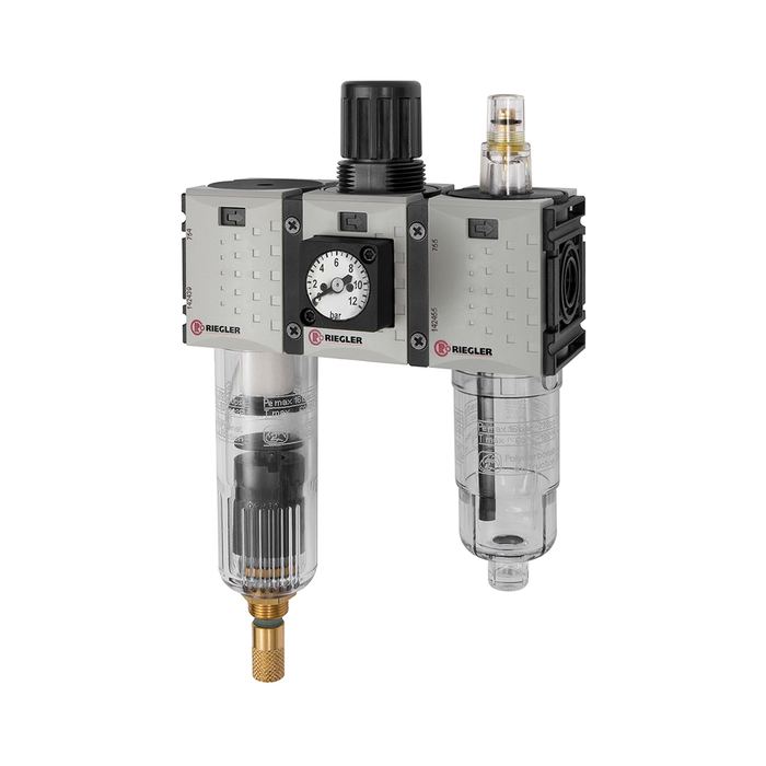 RIEGLER Service unit 3-part »FUTURA-mini« PC container, G 1/4, 0.5-10 bar