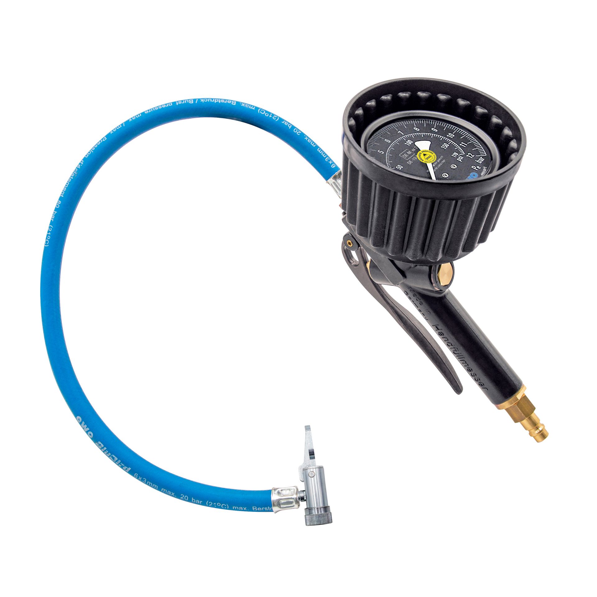 [151.2211] EWO hand-held tire inflation gauge euroair, lever plug, hose: 0.5 m, manometer Ø80 mm, MOP: 12 bar, conformity assessed