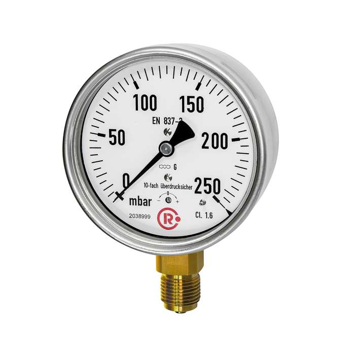 RIEGLER Kapselfedermanometer, CrNi-Stahl G1/4 radial unten, 0-250mbar,Ø63