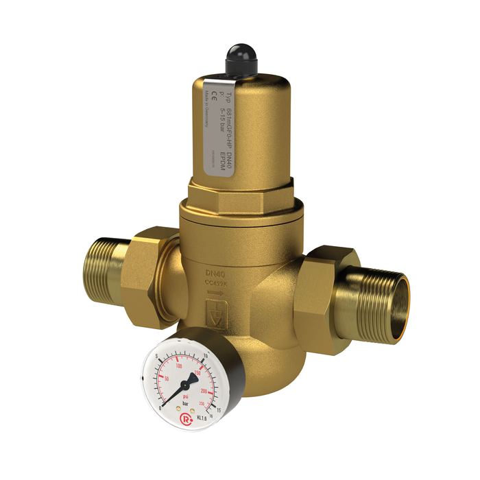 RIEGLER pressure regulator for drinking water, gunmetal, w. Mano, R 1 1/4 AG, 1 - 8 bar